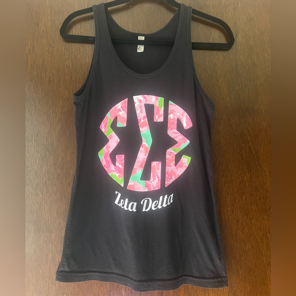 Sigma sigma sigma black tank with pink & green writing
